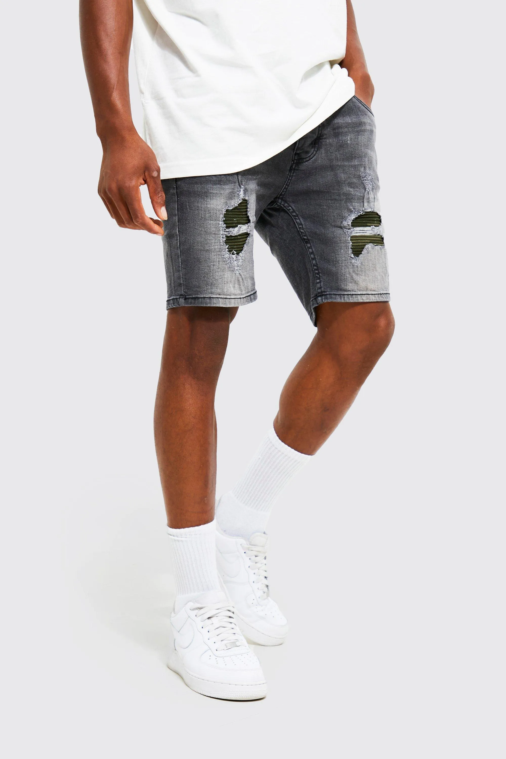 Skinny Rip & Repair Denim Shorts | boohooMAN UK