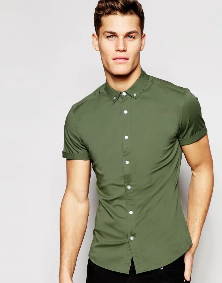 Skinny Shirt In Khaki Twill With Short Sleeves