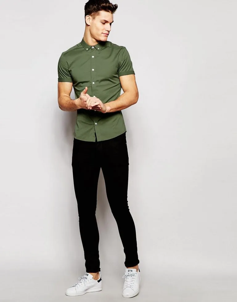 Skinny Shirt In Khaki Twill With Short Sleeves