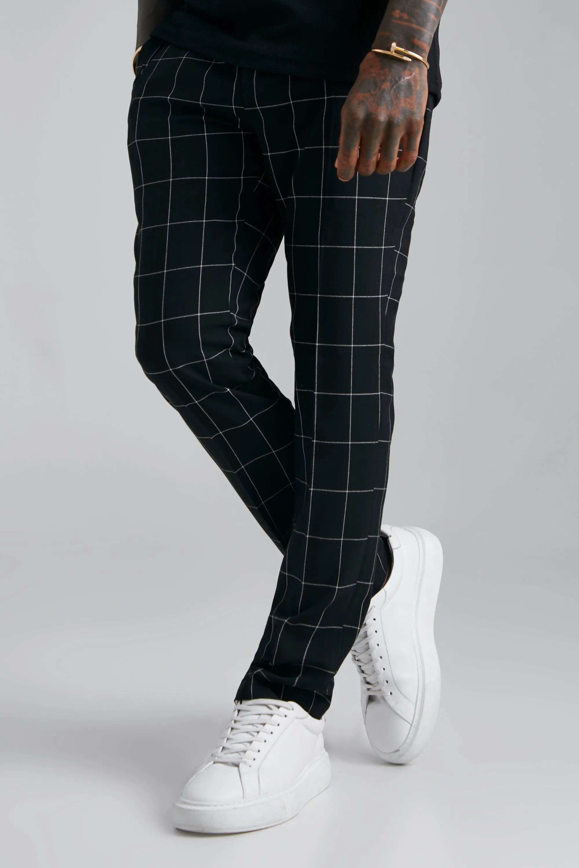 Skinny Windowpane Check Tailored Trouser | boohooMAN UK