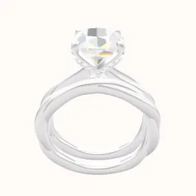 Solitaire Rope Engagement Ring With Pave Petal Four Prong Head and Matching Band