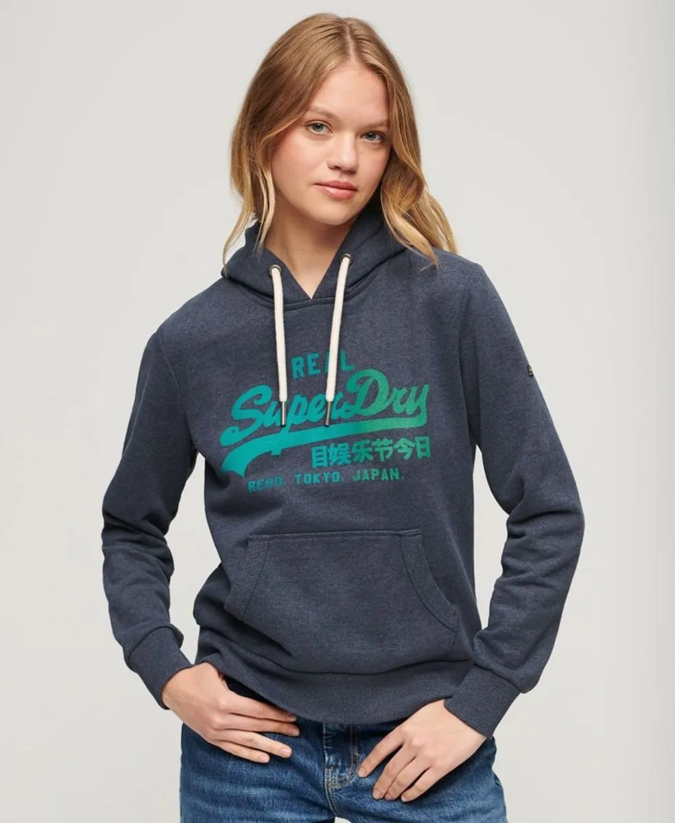 Superdry Womens Vintage Graphic Hooded Sweatshirts Indigo Marl