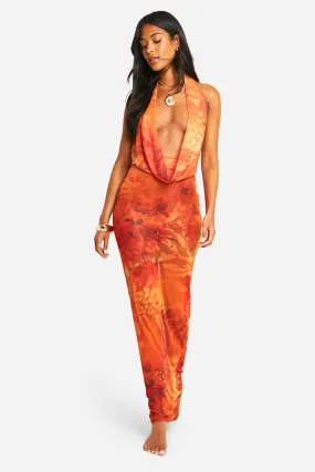 Tall Abstract Mesh Cowl Neck Maxi Beach Dress