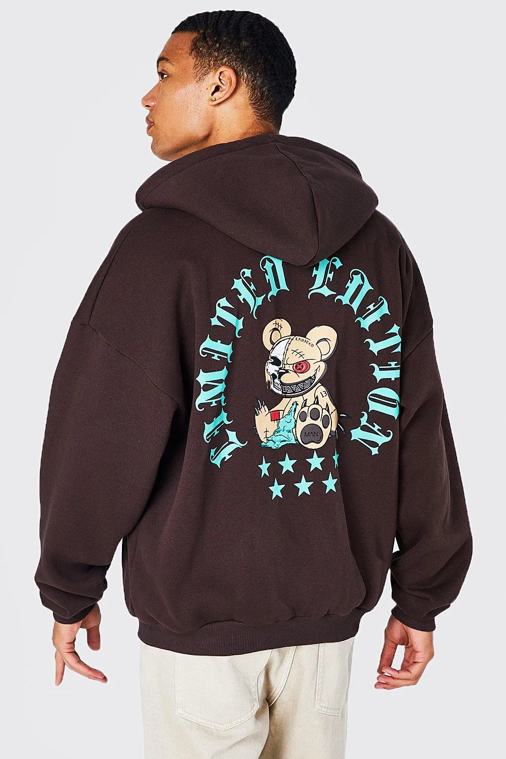 Tall Evil Teddy Back Print Zip Through Hoodie