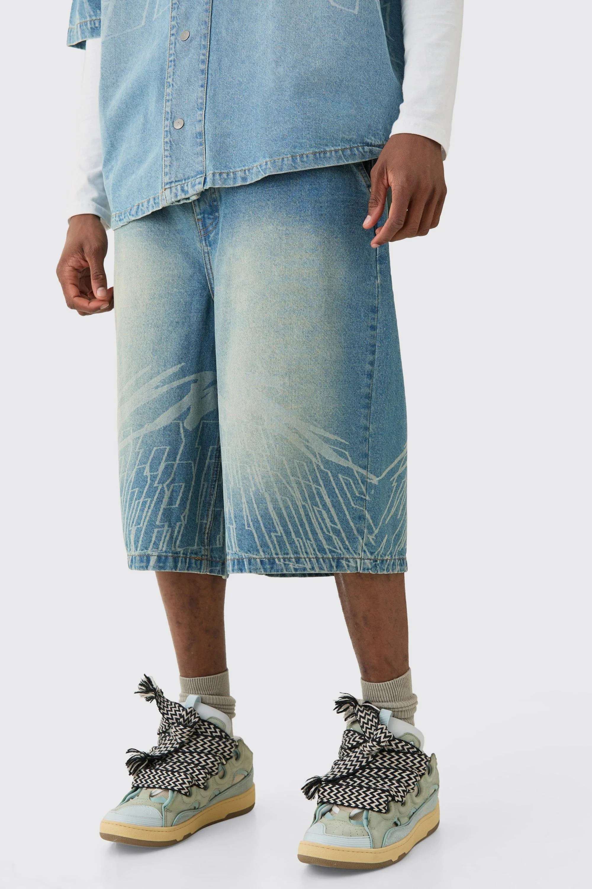 Tall Printed Graphic Denim Jorts | boohooMAN UK