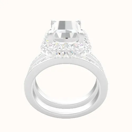 Tapered Channel Set Engagement Ring With Low Set Waterfall Halo Head and Matching Band