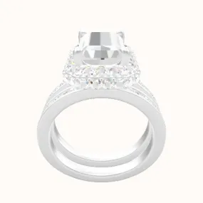 Tapered Channel Set Engagement Ring With Low Set Waterfall Halo Head and Matching Band