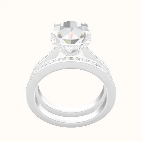 Tapered Channel Set Engagement Ring With Pave Basket Head and Matching Band