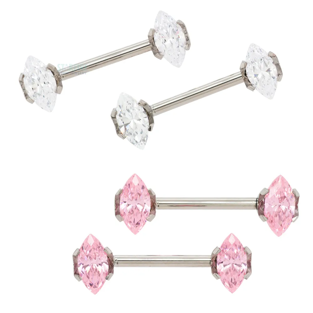 threadless: Marquise-Cut Brilliant-Cut Gems Side-Set Nipple Barbells in Prong's - pair