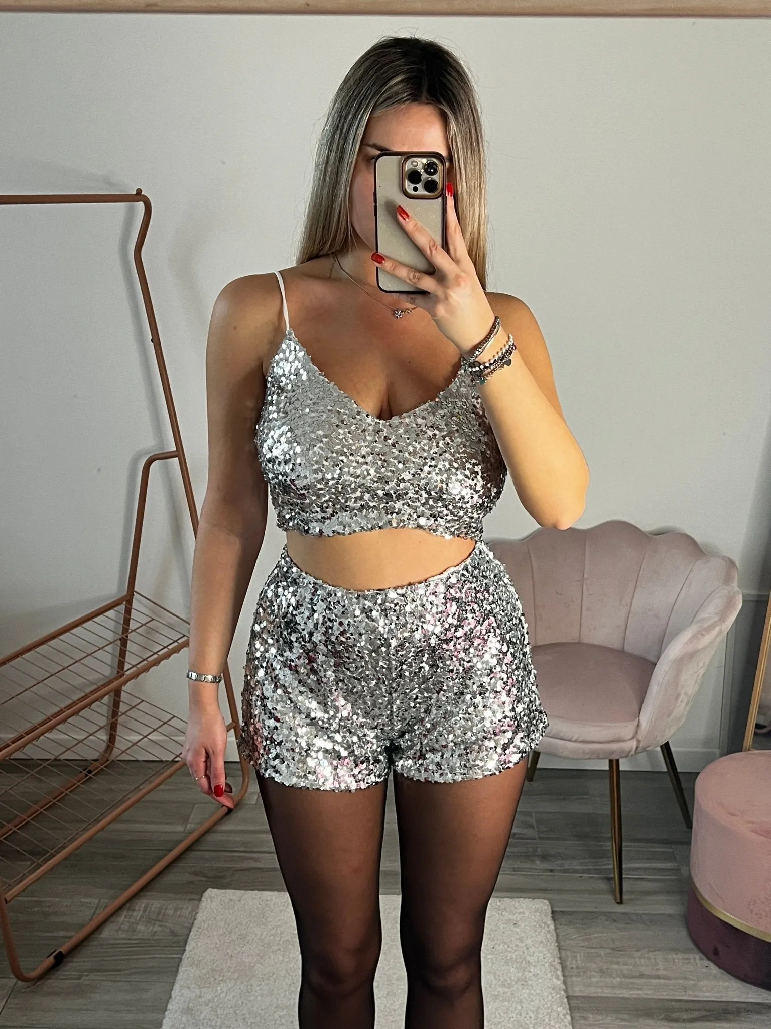 Top argento con paillettes