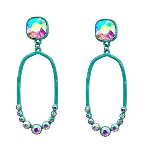 Turquoise Thin Oval Outline Earrings with AB Rhinestone Stud