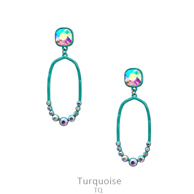 Turquoise Thin Oval Outline Earrings with AB Rhinestone Stud