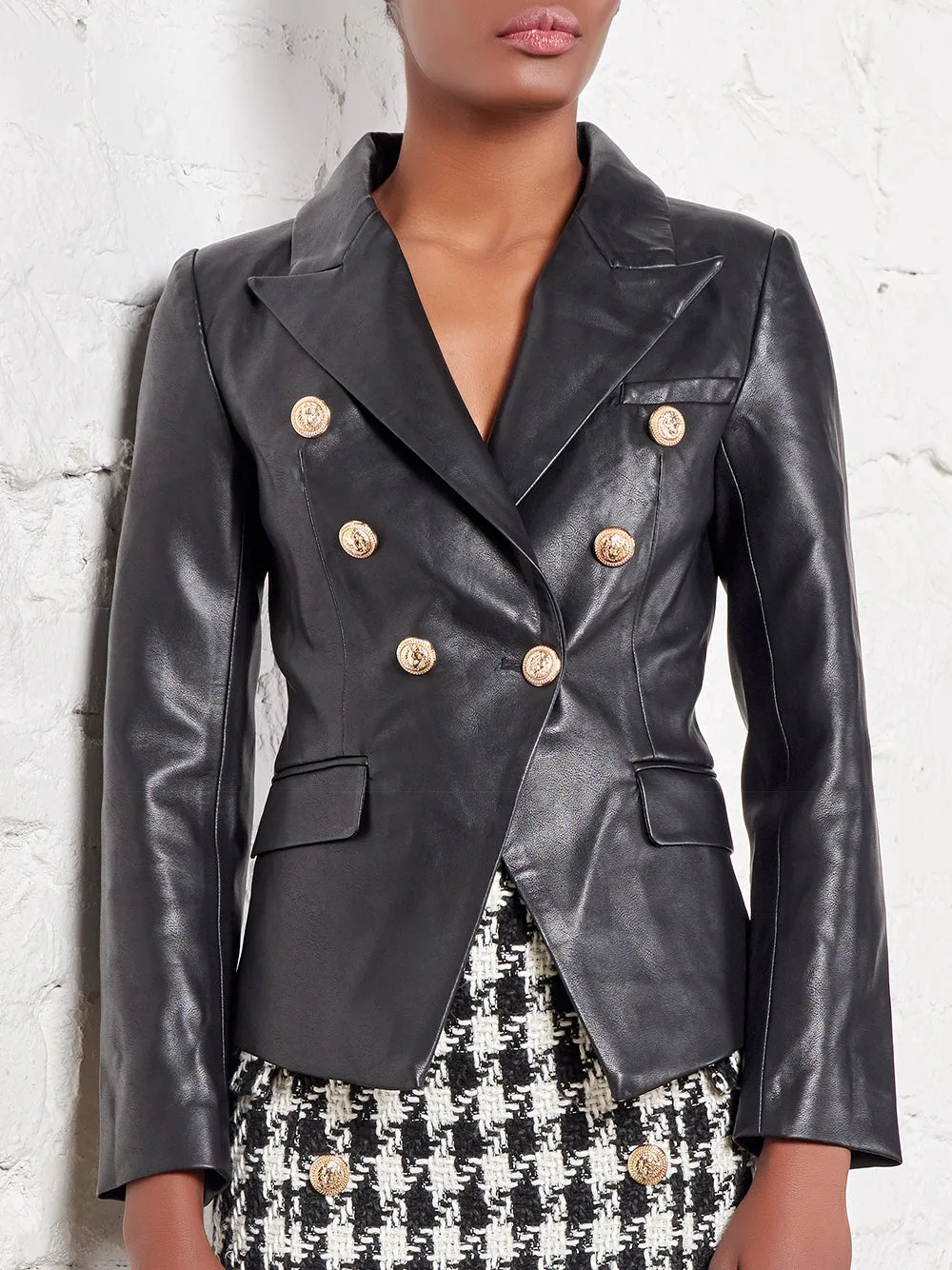 UNTITLED Double-Breasted Leather Blazer in Black