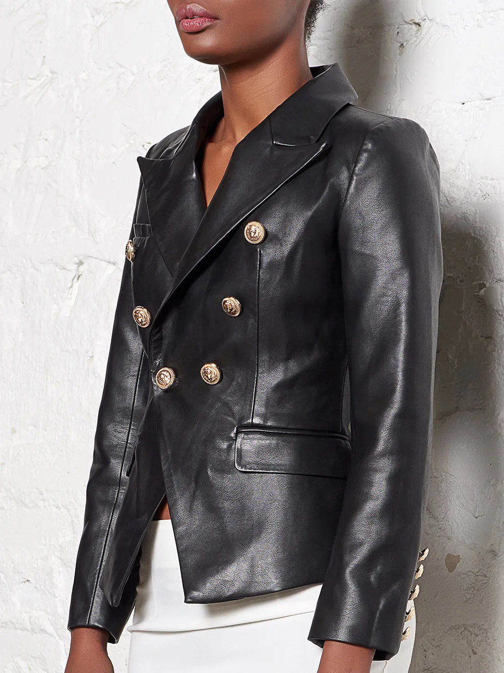 UNTITLED Double-Breasted Leather Blazer in Black