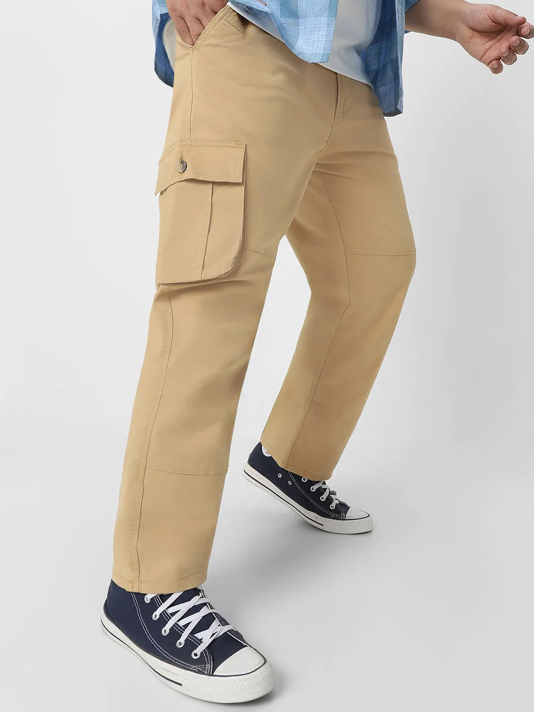 Urbano Plus Men's Beige Regular Fit Solid Cargo Chino Pant with 6 Pockets