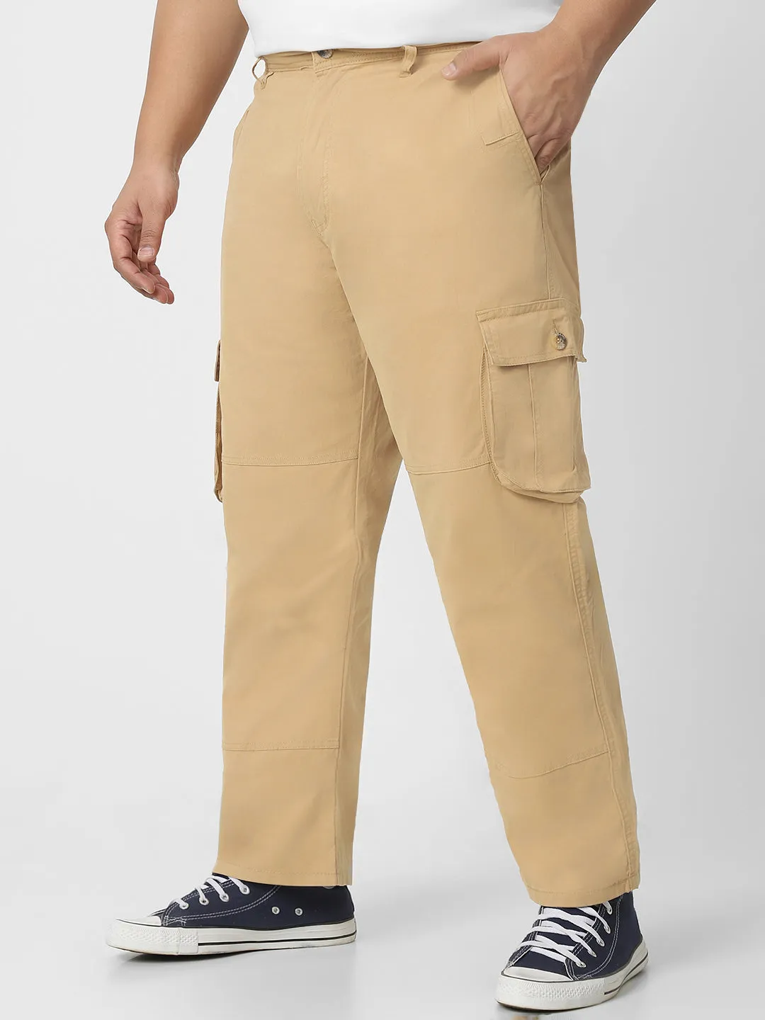 Urbano Plus Men's Beige Regular Fit Solid Cargo Chino Pant with 6 Pockets