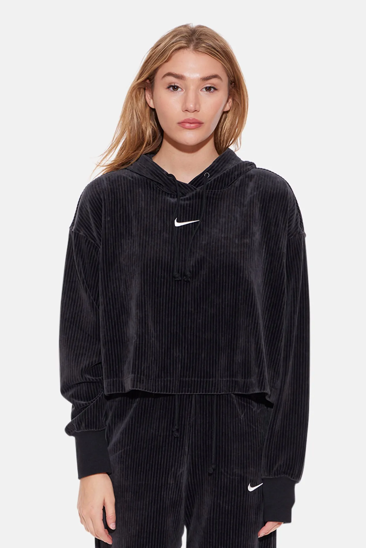 Velour Cropped Hoodie Black