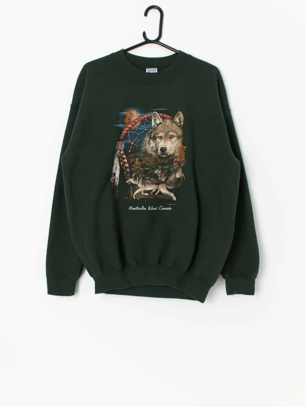 Vintage forest green sweatshirt with wolf graphic – Large