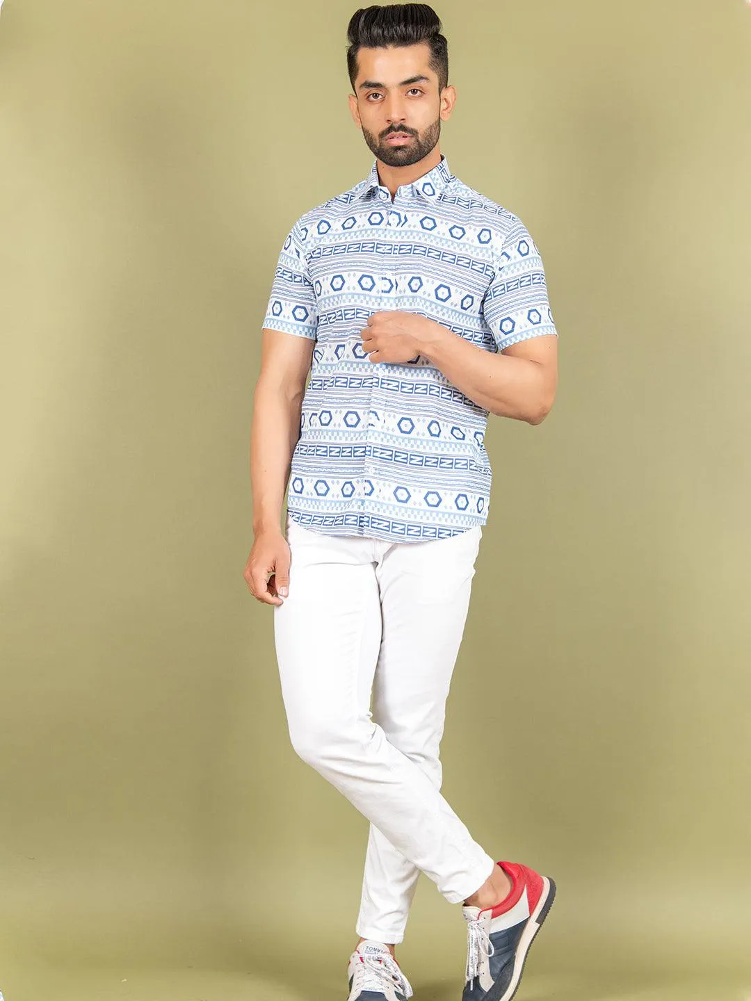 White and Blue graphic Cotton Half printed Shirt