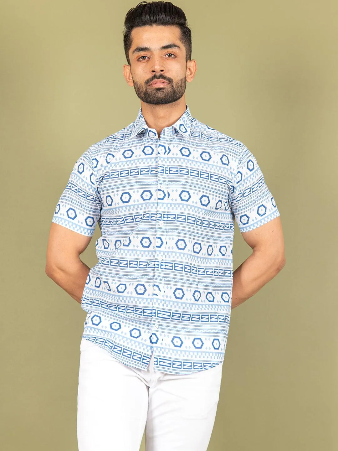 White and Blue graphic Cotton Half printed Shirt