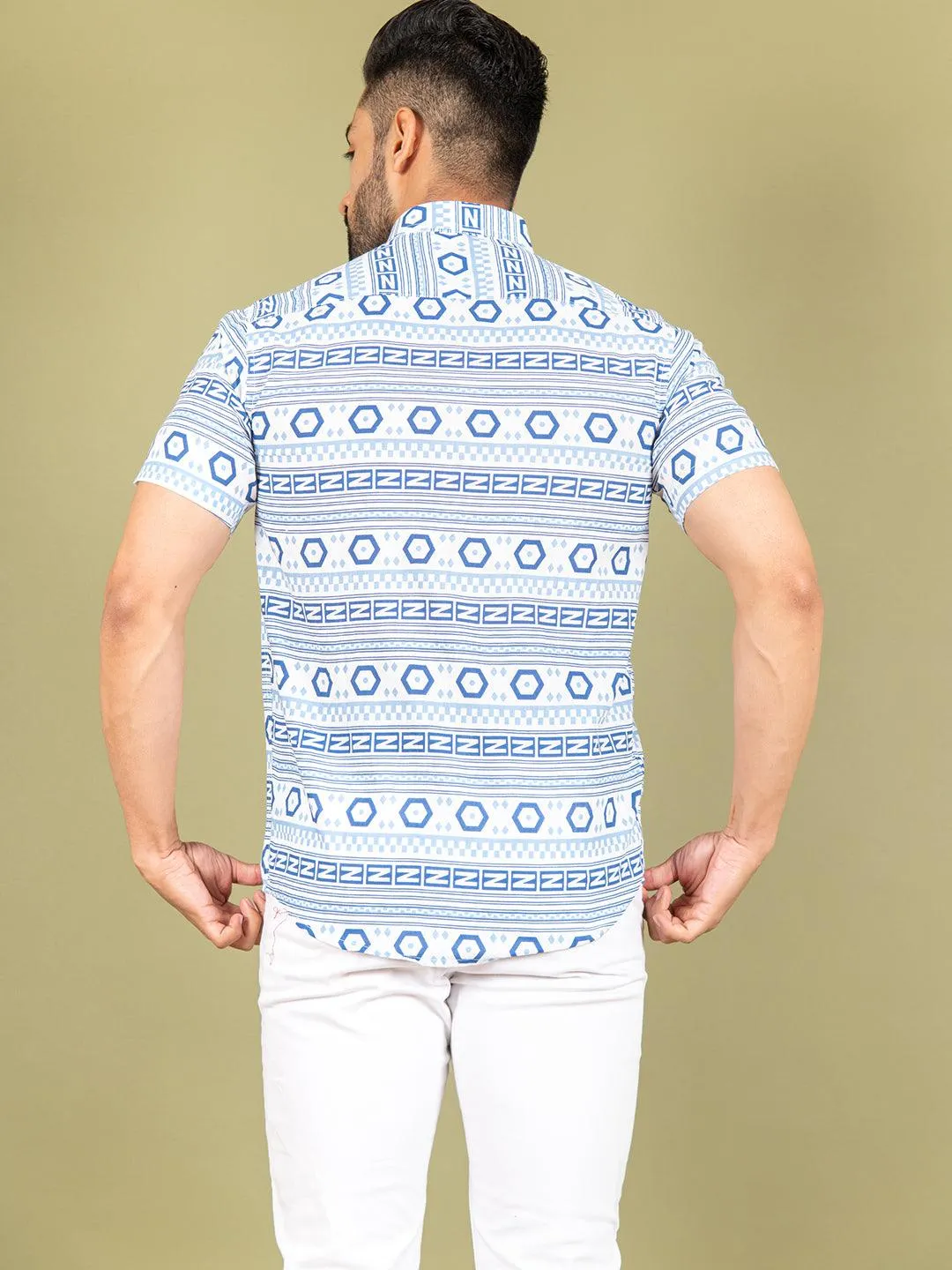 White and Blue graphic Cotton Half printed Shirt