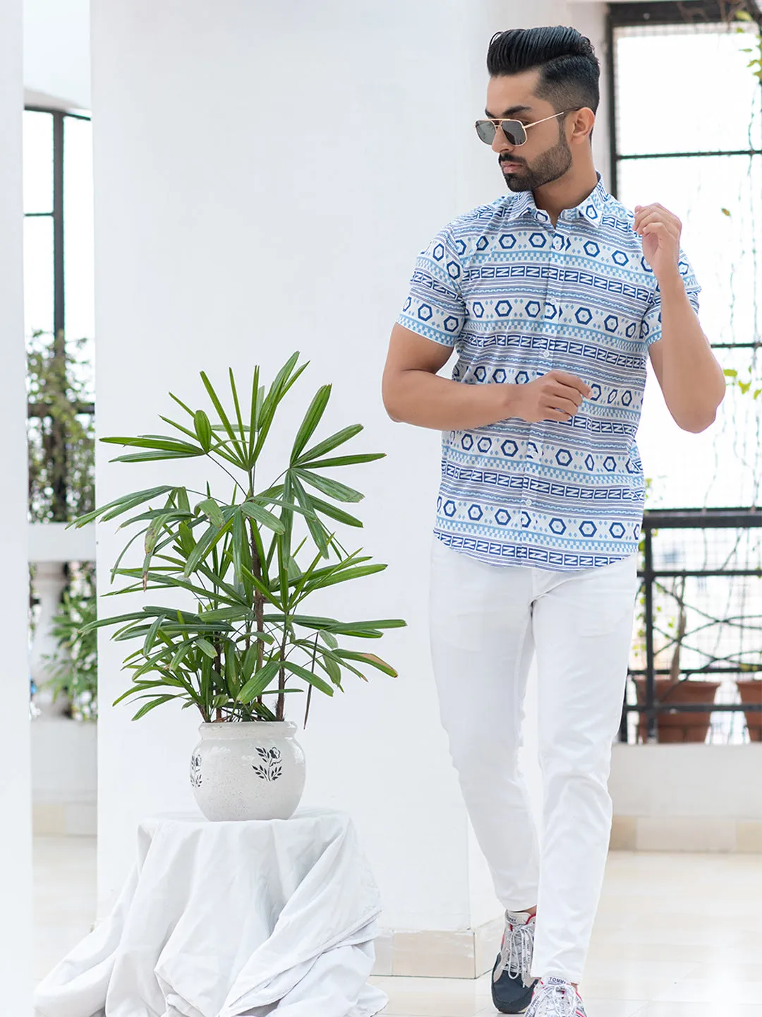 White and Blue graphic Cotton Half printed Shirt