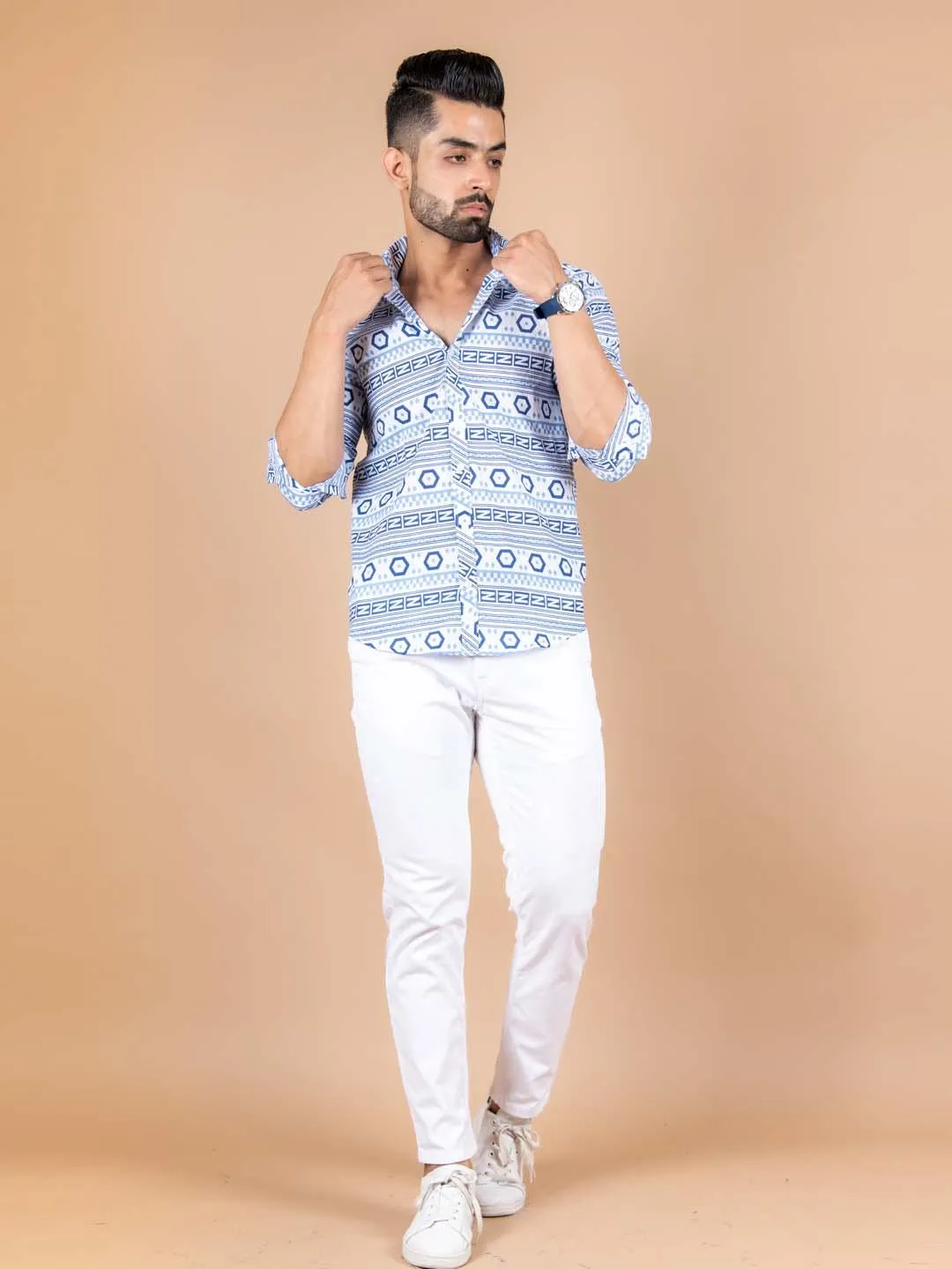 White and Blue graphic Cotton printed Shirt For Men