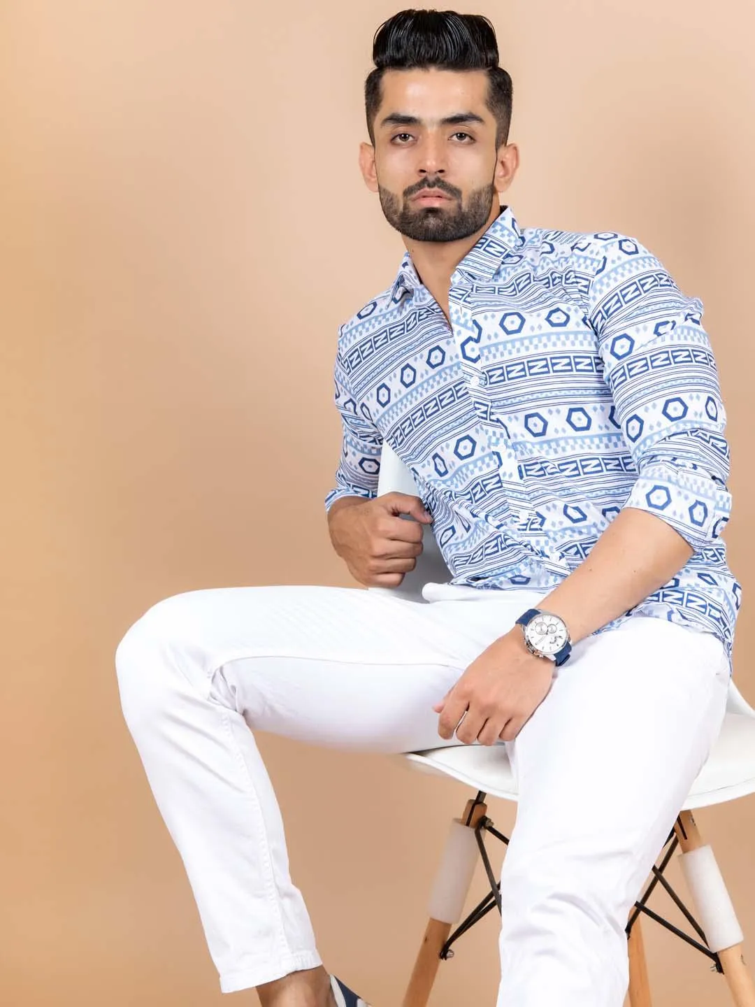 White and Blue graphic Cotton printed Shirt For Men