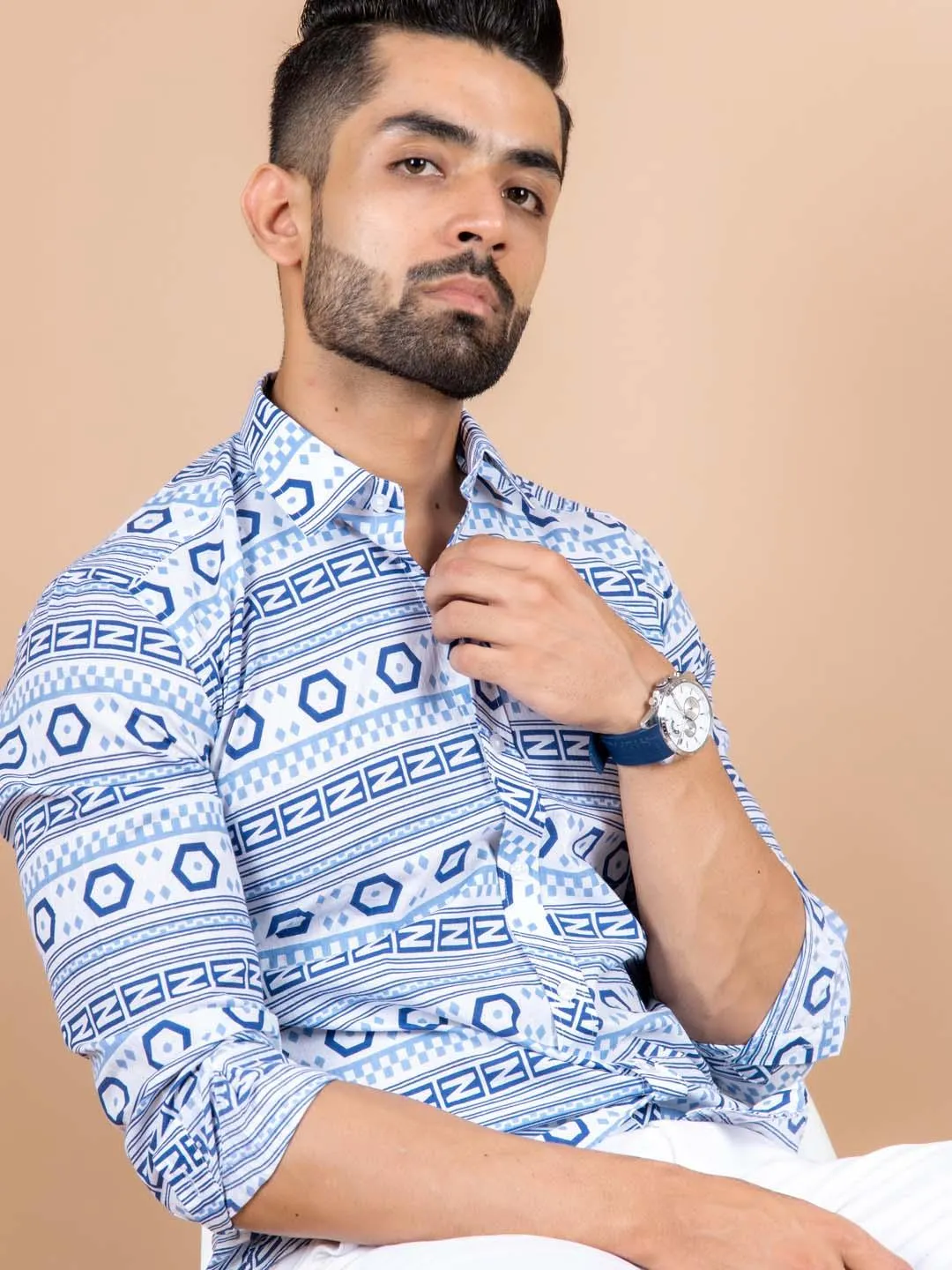 White and Blue graphic Cotton printed Shirt For Men