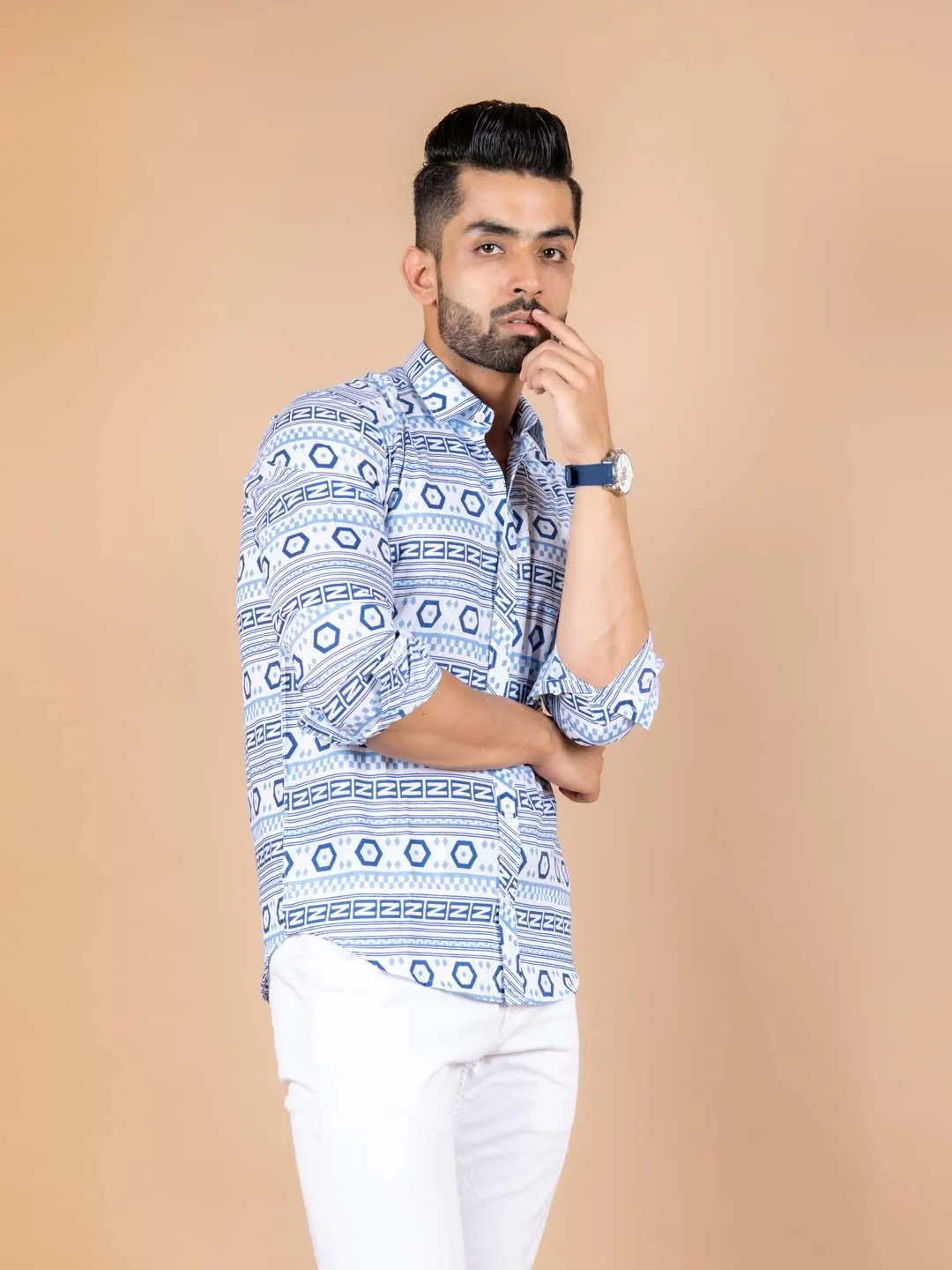 White and Blue graphic Cotton printed Shirt For Men