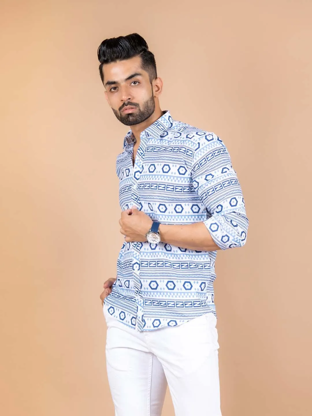 White and Blue graphic Cotton printed Shirt For Men