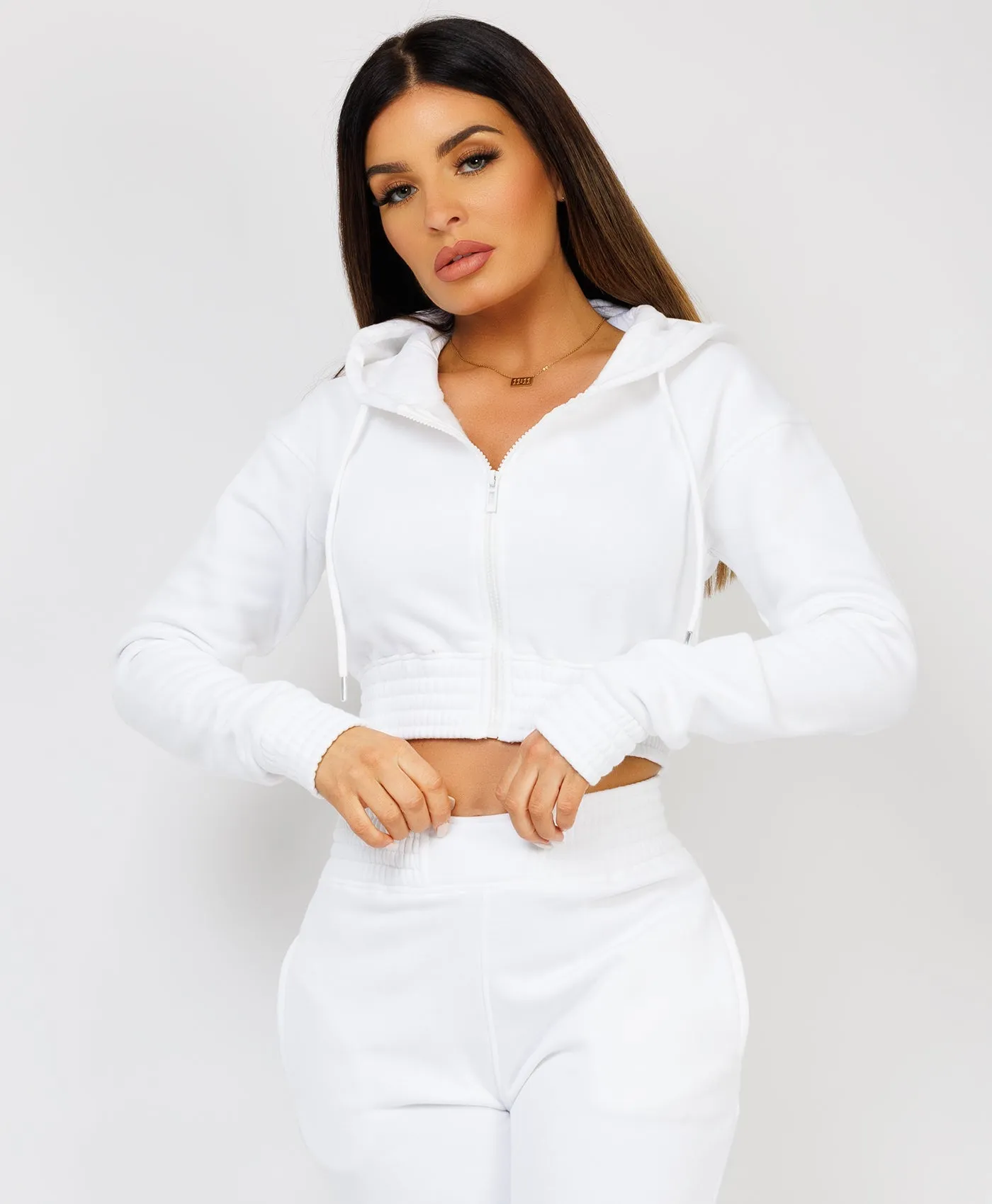 White Zipped Cropped Hooded Tracksuit Loungewear Set