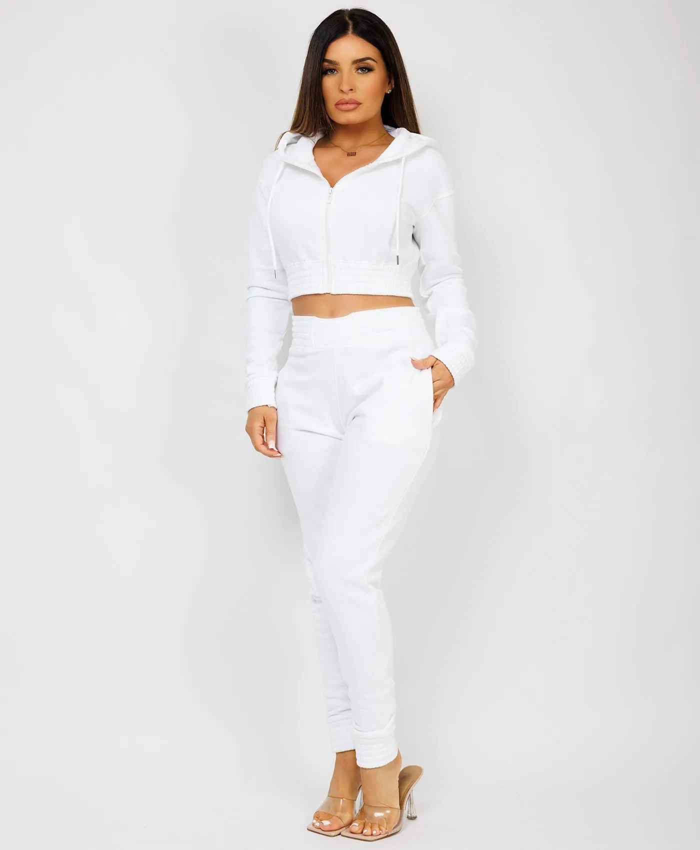 White Zipped Cropped Hooded Tracksuit Loungewear Set