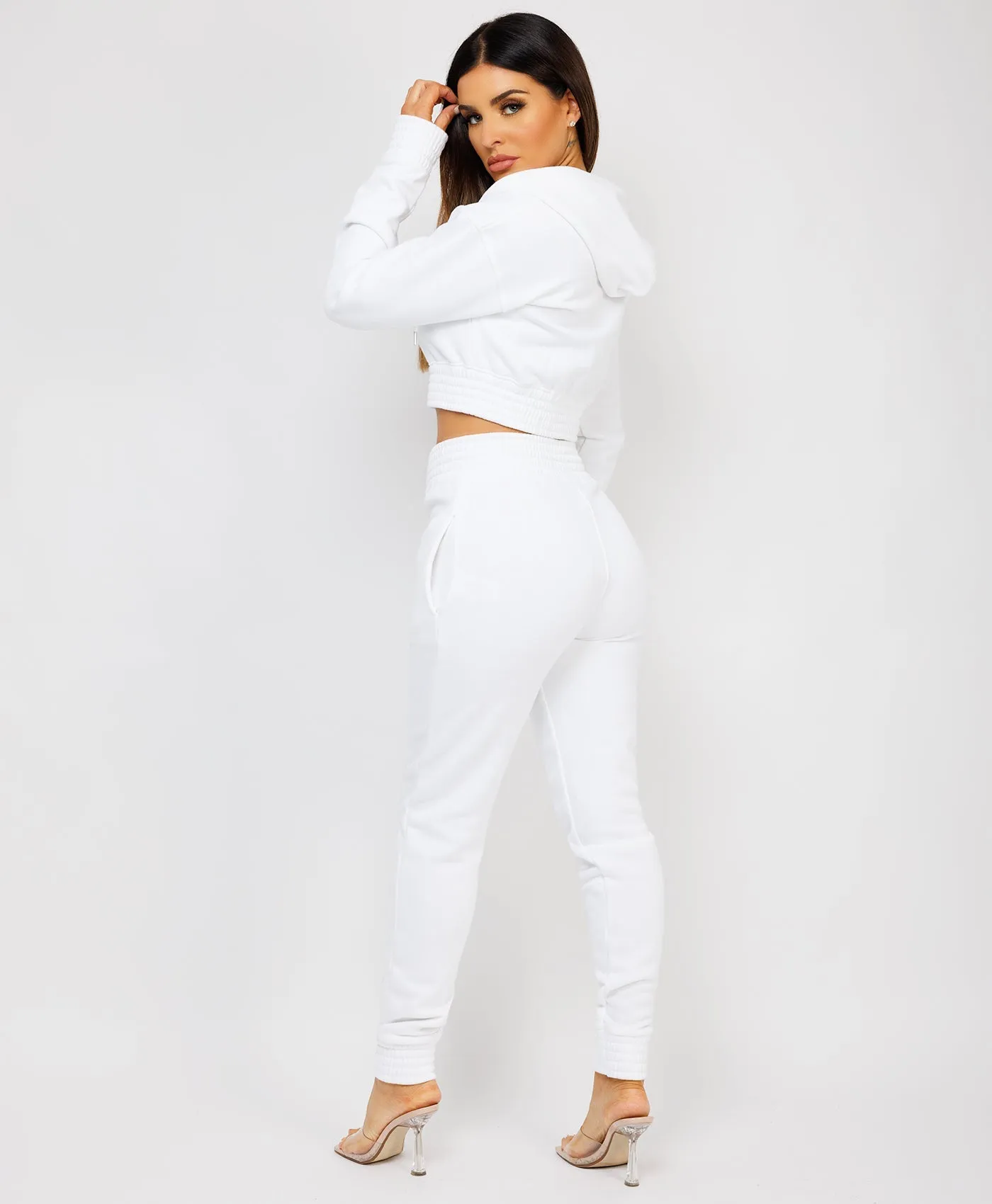 White Zipped Cropped Hooded Tracksuit Loungewear Set