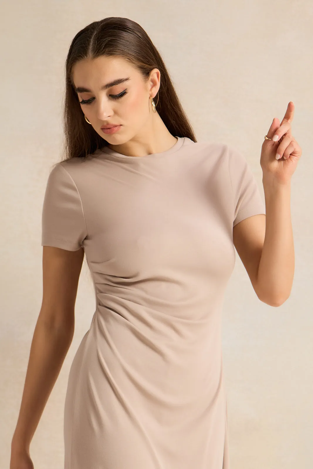 Women Beige Short Sleeve Dress