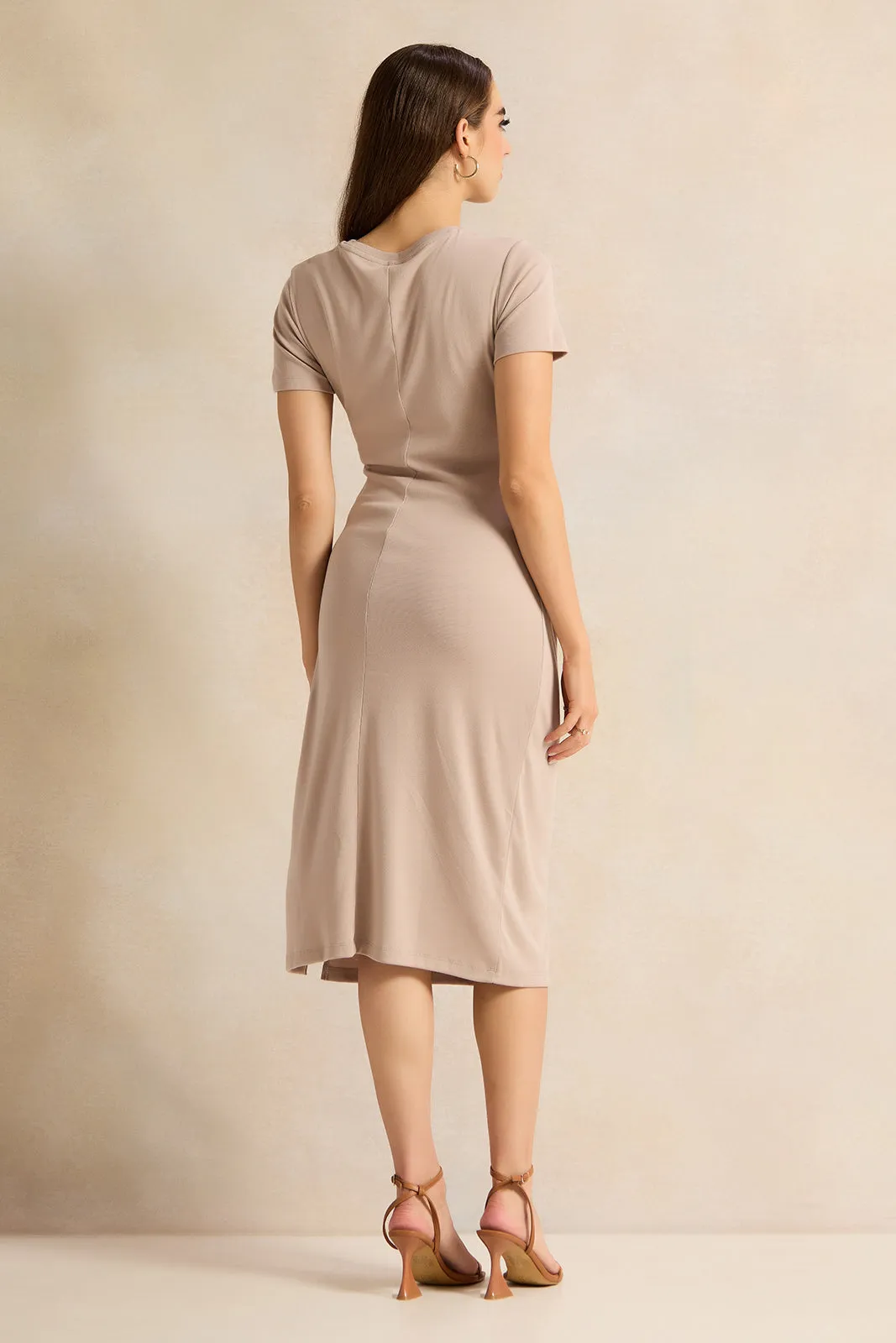 Women Beige Short Sleeve Dress