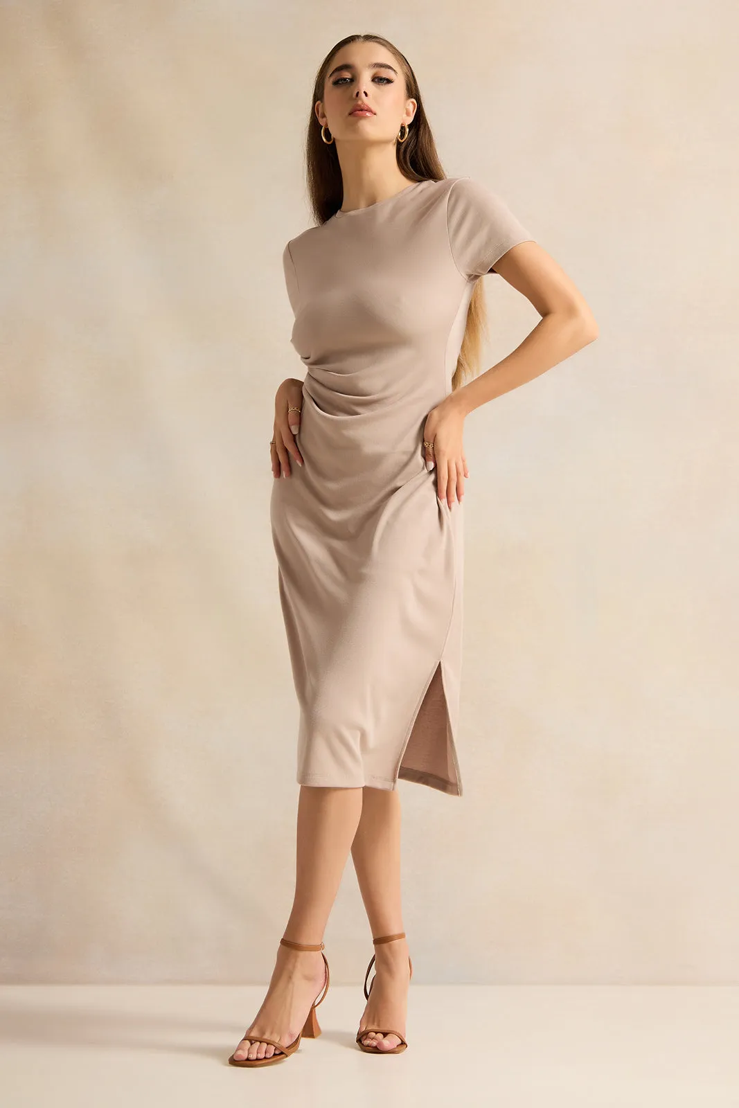 Women Beige Short Sleeve Dress