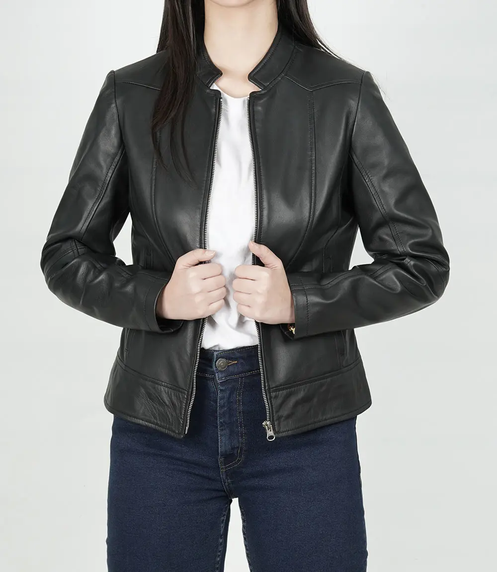 Women's Black Cafe Racer Slim Fit Leather Jacket 