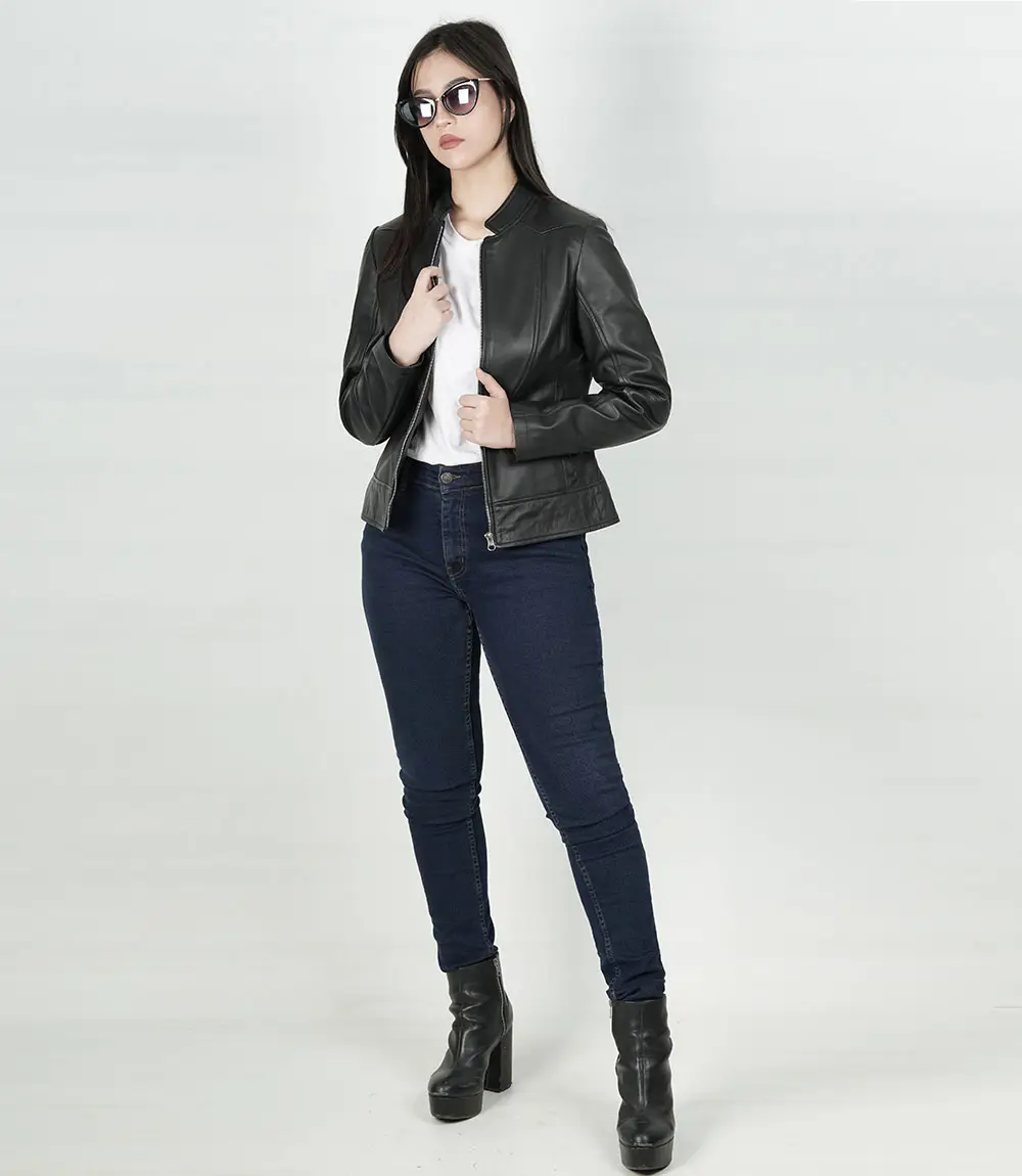 Women's Black Cafe Racer Slim Fit Leather Jacket 