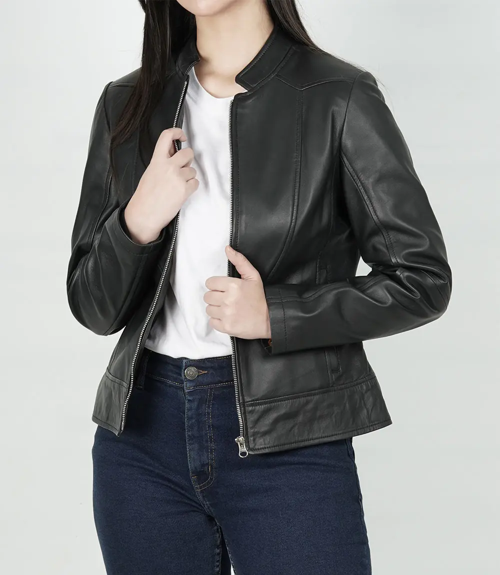 Women's Black Cafe Racer Slim Fit Leather Jacket 