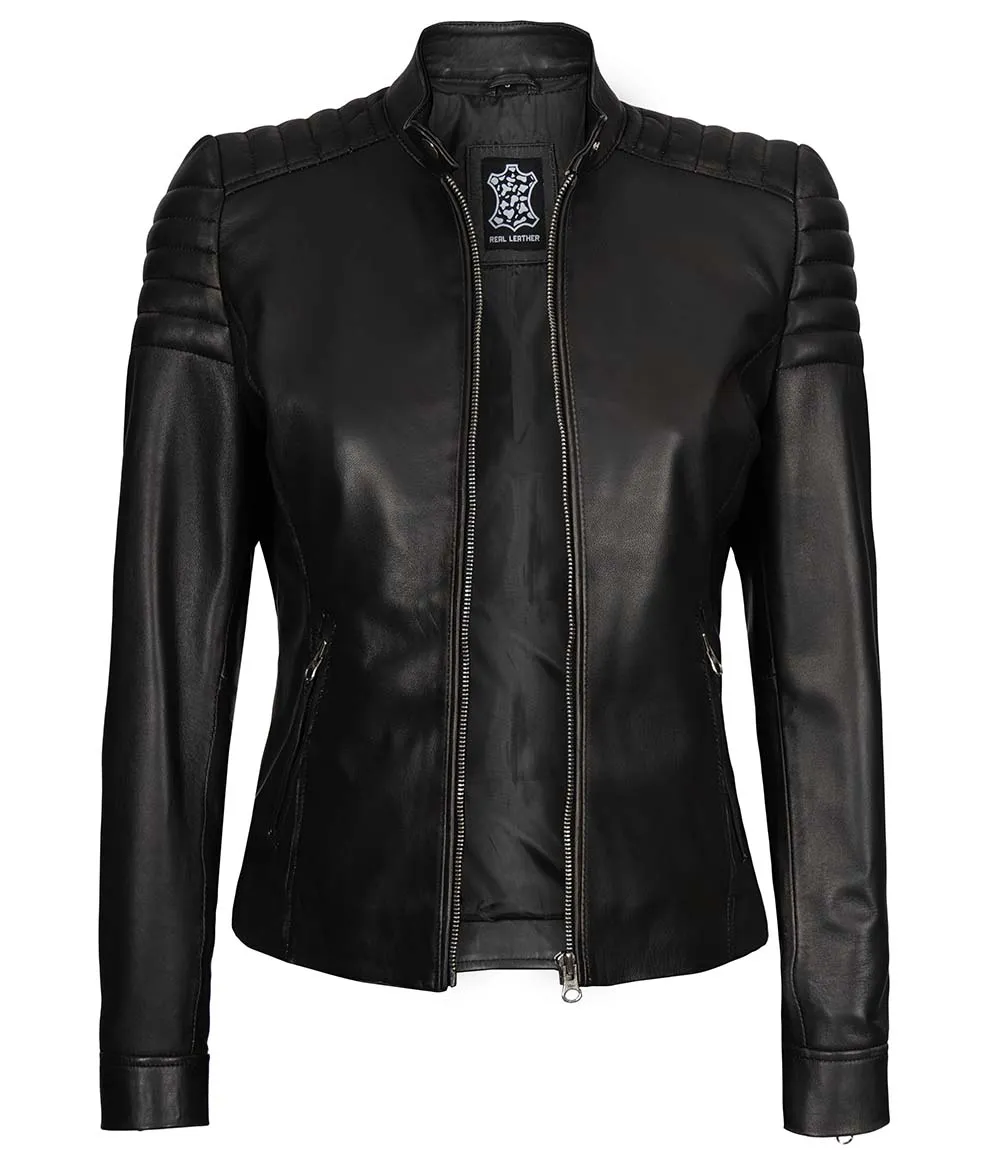 Women's Black Slim Fit Cafe Racer Leather Jacket