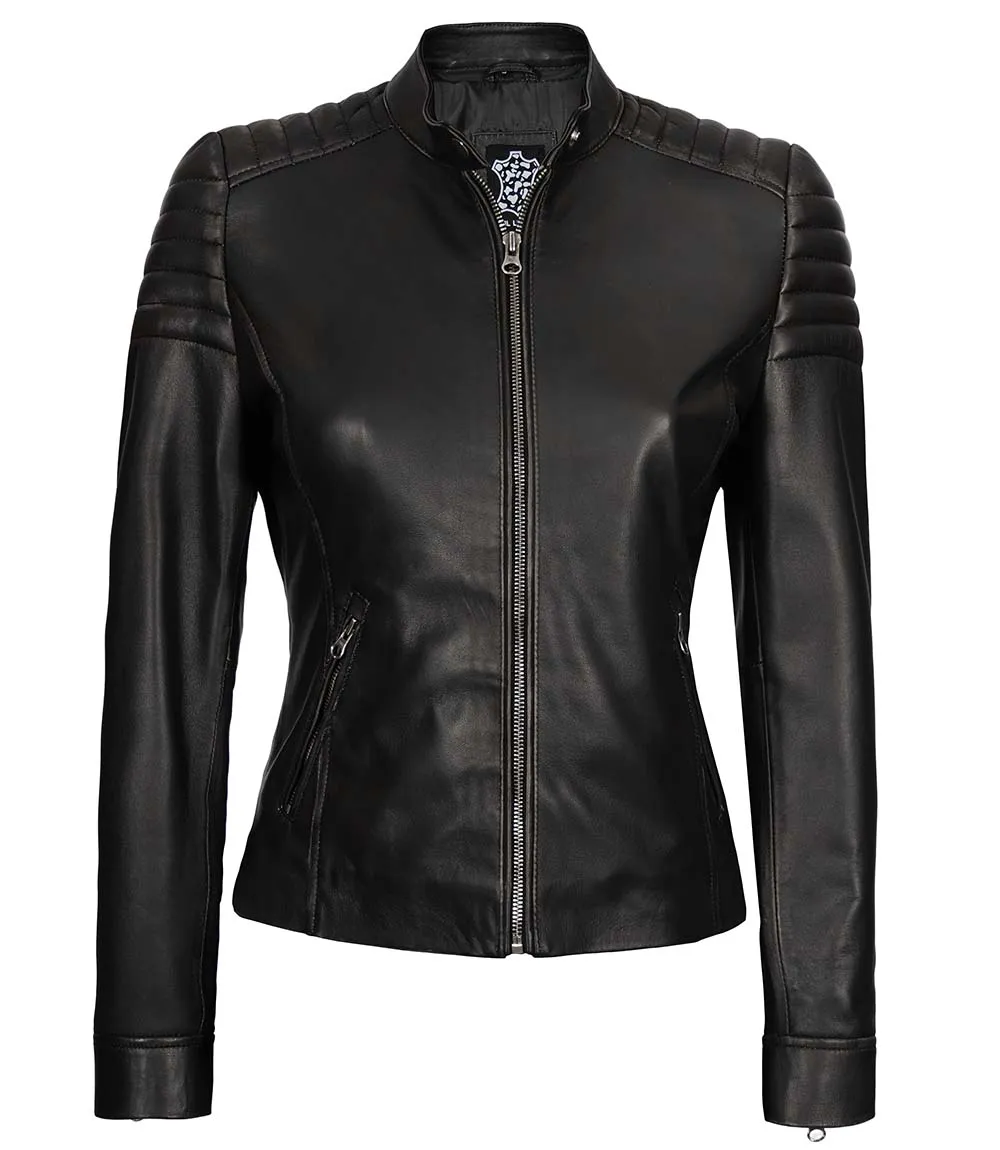 Women's Black Slim Fit Cafe Racer Leather Jacket