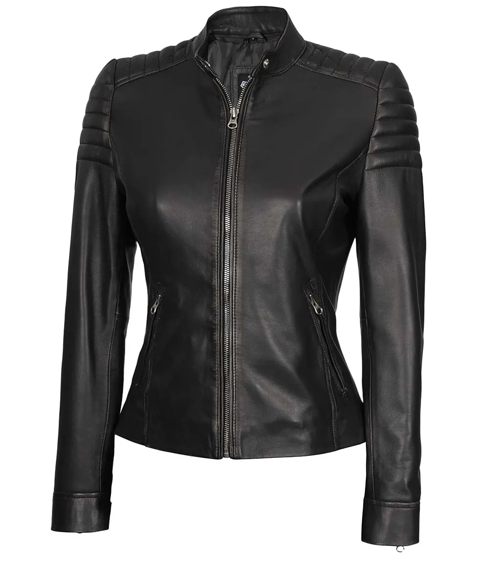 Women's Black Slim Fit Cafe Racer Leather Jacket