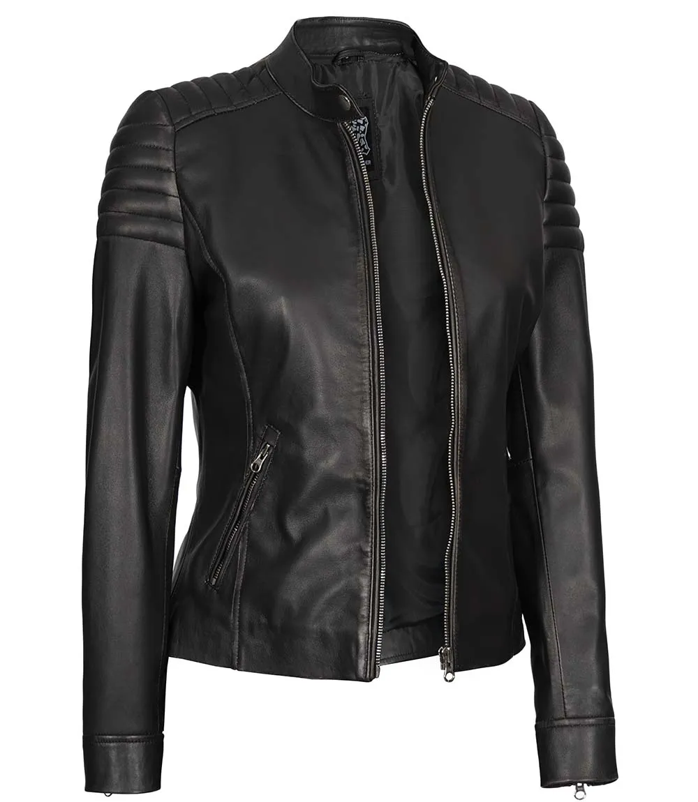 Women's Black Slim Fit Cafe Racer Leather Jacket