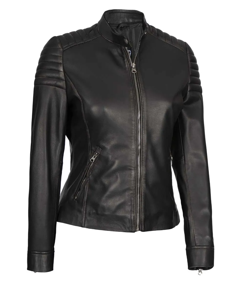 Women's Black Slim Fit Cafe Racer Leather Jacket