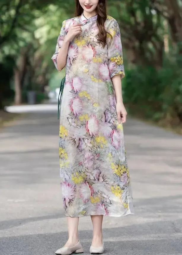 Yellow Lace Up Print Linen Dress Stand Collar Half Sleeve CG1009