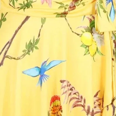 Yellow Tropical Bird & Floral Print Waterfall Sleeve Maxi Dress