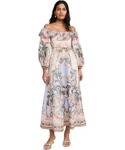 ZIMMERMANN Wylie Off-Shoulder Midi Dress Blue Floral 0P